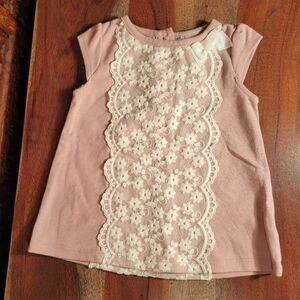 Tahari Baby Dress Dusty Rose Pink With Floral White Lace and Cap sleeves, 6-9 mo